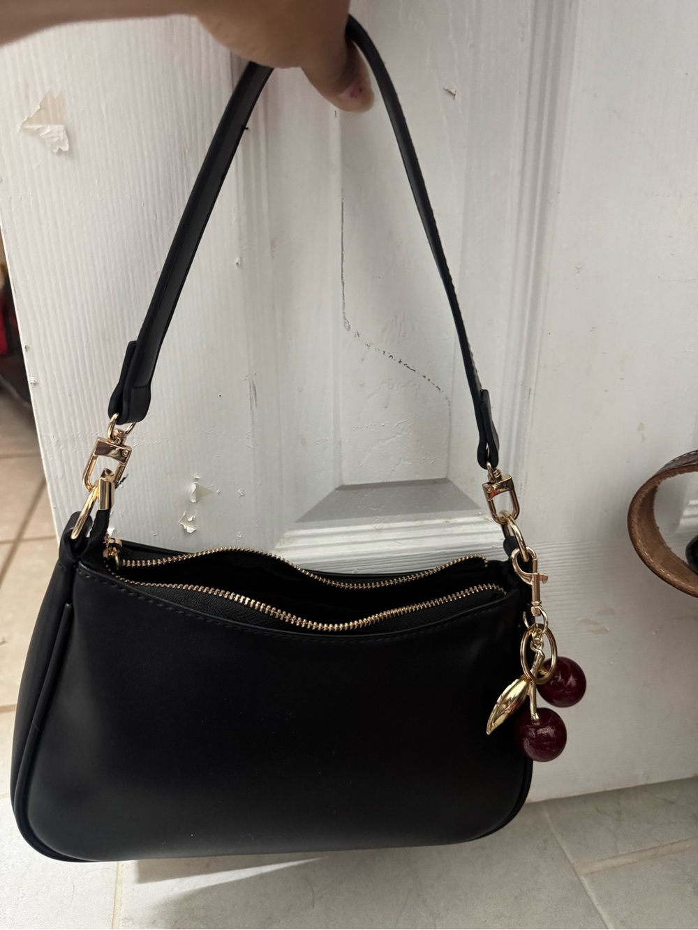 Classic Black Shoulder Bag with Cherry Charm
